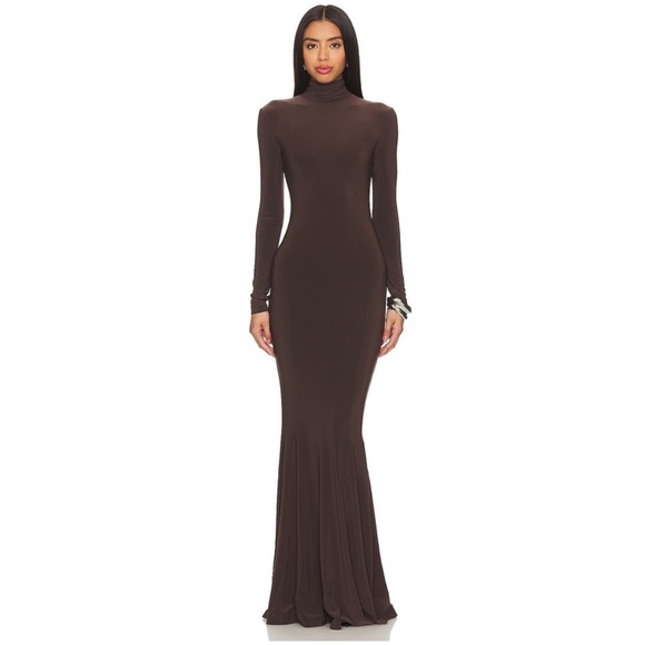 NEW Norma Kamali x REVOLVE Fishtail Gown in Chocolate - Picture 1 of 4